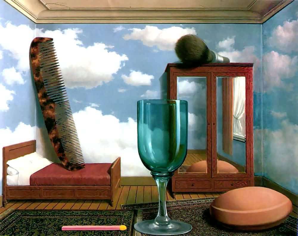 Rene Magritte Personal Values 1952 is a surrealistic painting of a brown comb on a red bed with white pilows, a green wineglass, a matchstick, a round pink bar of soap, a mirrored wardrobe with a brush on it in a room of wallpapers featuring clouds in a blue sky and two red oriental carpets on a brown wood floor.